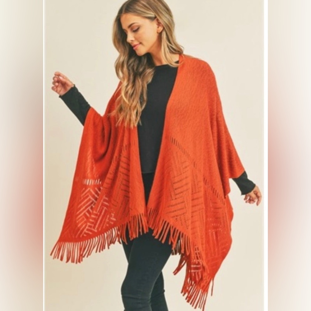 Herringbone Knit Fringe Ruana Wrap (Rust)